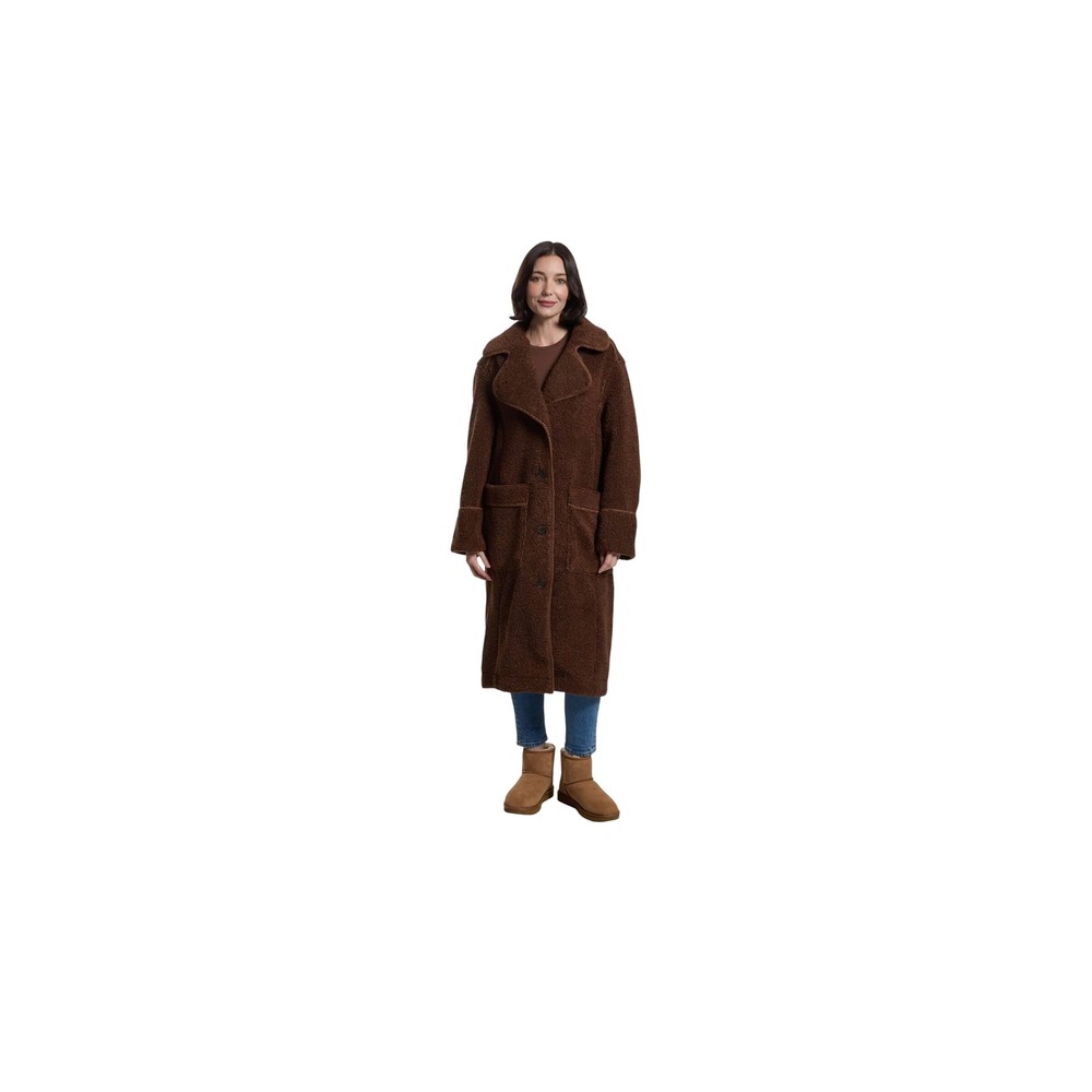 UGG Sema UGGfluff Coat Womens Brown Faux Fur Teddy‎ Long Jacket Notched Lapel